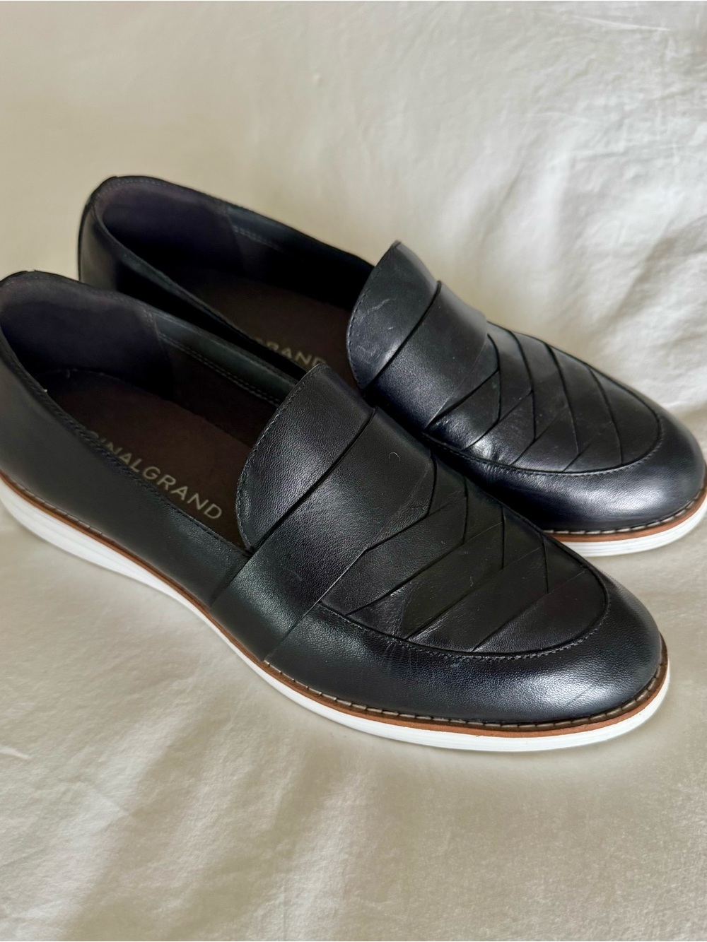 Cole Haan Black Leather Slip-On Penny Loafers with White Sole